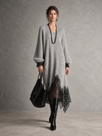 Vestido Elvira gris con encaje negro, modelo de cuerpo entero