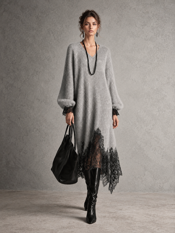 Vestido Elvira gris con encaje negro, modelo de cuerpo entero